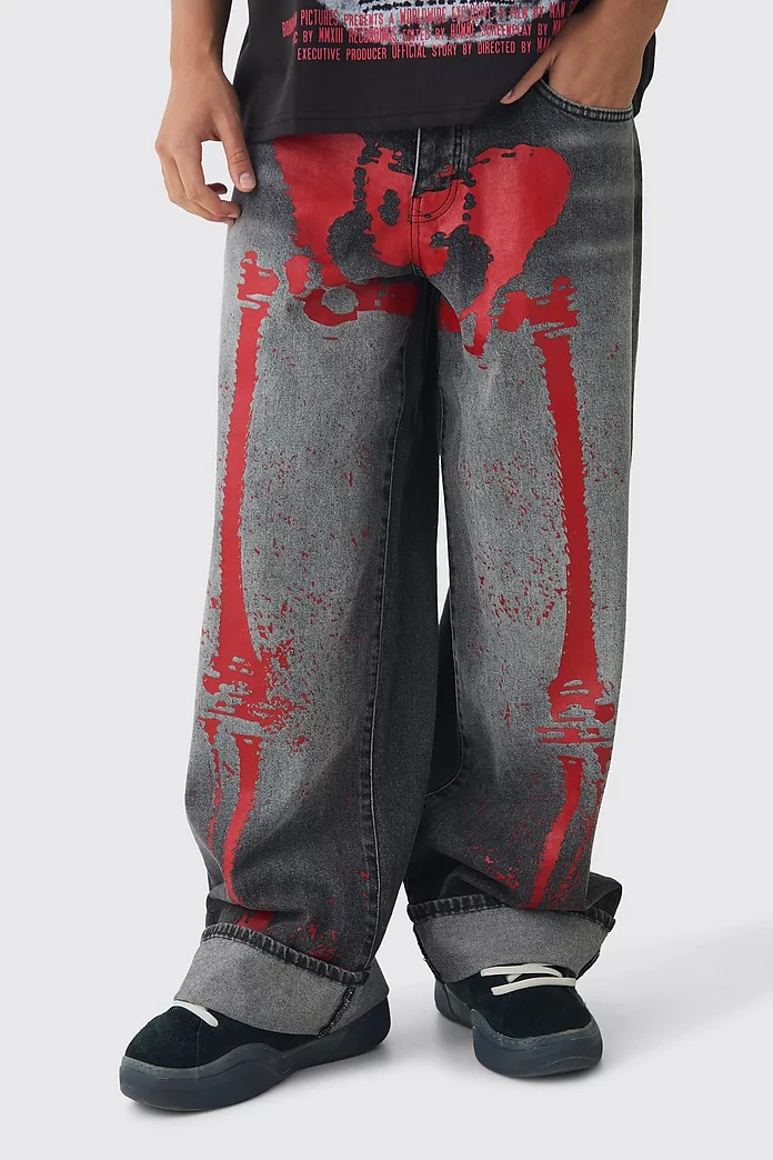 Baggy Fit Rigid Red Skeleton Printed Jeans | boohooMAN USA Baggy Fit Rigid Red Skeleton Printed Jeans | boohooMAN USA